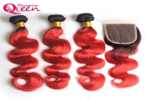 T1B Red Body Wave Ombre Brazilian Virgin Human Hair Weave Exteniony 3 wiązki z 4x4 Bielone węzły koronkowe zamknięcie z włosami dla niemowląt 6699287