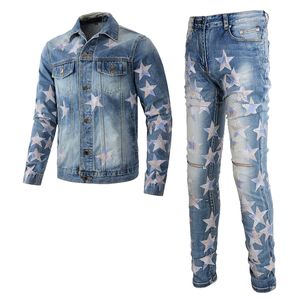 Kontrast färgdesignspårar rippade hål mäns jeans set vår höststjärna lapp långärmad denim jacka matchande stretch mager byxor