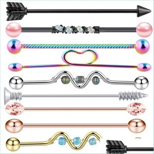 Navel Bell Button Rings 9Pc 14G Industrial Barbell Navel Piercing Ear Cartilage Helix Stud Straight Long Bar Earring Body Dhgarden Dhvjs
