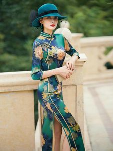 Abbigliamento etnico Abito cinese Qipao Verde Seta Hanfu Cheongsam Abiti da sera Stile retrò Tang Cosplay Orientale da donna