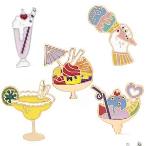 Pin Spille Cartoon Dessert Spille 5Pcs Set Gelato Dolce Cono Smalto Distintivi Limone Tazza Spiaggia Bevande Spilla in lega placcata oro Wom Dhb1O