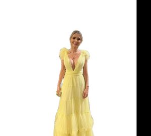 Yellow Tulle A Line Prom Dresses Deep V Neck Backless Special Occasion Women Wear Tiered Cocktail Party Gowns Vestidos