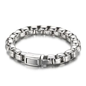 Mens Bracelet Huge Square Box Rolo Chain Stainless Steel Bangle Hip-Hop Jewelry for Gifts 72g Weight 10mm 8.5inch