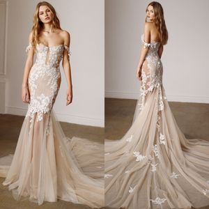 2023 Boho Bohemia Abiti da sposa a sirena sexy con spalle scoperte Sweep train Applique in pizzo Abiti da spiaggia da sposa BC14748 GB1128I