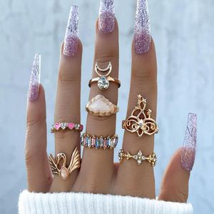 Anéis de casamento 7pcs/conjunto de personalidade de moda lua embutida de cristal de dedo de amor para mulheres com combinação de óleo de queda moderna Conjunto de anel de junta