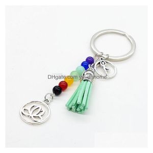 Nyckelringar Natural Stone 7 Chakra Energy Yoga Fitness Key Chain Keyring Lotus Tassel KeyChain Rings for Women M￤n Drop Delivery Jewelr Dh5ny