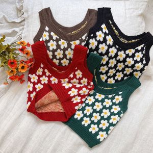 Pullover Kids Girls Knit Sweaters Floral Print sem mangas Vestido Criança Crianças Roupas de outono da primavera Brown preto 221128