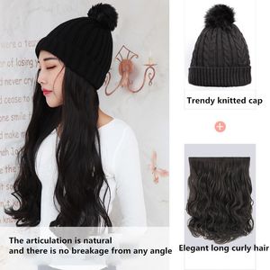 Fashion Hat Wig For Woman Long Curly Synthetic Hair Wig Warm Knitted Pom Cap With Hairs Autumn And Winter Caps Wigs