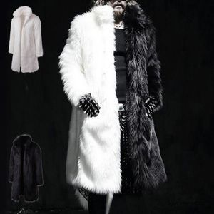 Men's Leather Faux Mens Fashion Winter Punk Rock Fur Coat Hooded Long Jacket Black White Patchwork Overcoat Men Cardigan 221124