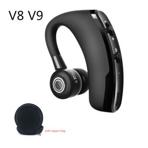 V9 V8 Ear Hook Earphones Bluetooth Headphones Handsfree Noise Reduce Wireless Headset Business Drive Calls Sports Earbuds with Zipper Bag for All Phone iPhone LG