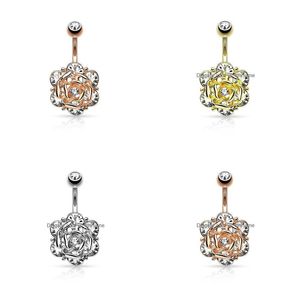 Navelklockknappringar Rose Flower Navel Rings Belly Button Crystal 316L Rostfritt st￥l Piercing Body Jewely Drop Delivery DHE4D