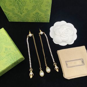 Luxury Pearl Bee Charm örhängen Lång Diamond Tassel Studs Rhinestone Pendant Earndrops With Box