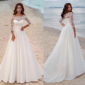 Abito da sposa da spiaggia 2022 Abito da sposa a maniche lunghe con scollo a barchetta e linea A