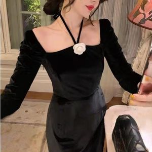 Casual Dresses Winter Evening Party Dress Women Long Sleeve Black Velvet Midi Lady Elegant Korean Fashion Slim Vintage Bandage