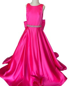 Fuchsia Girl Pageant Dress 2023 Big Bow Crystal Sash Satin Little Kid Birthday Formal Party Wear Gown Infant Toddler Teens Preteen Tiny Young Junior Miss Children