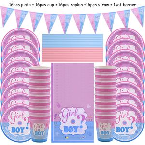 Stoviglie usa e getta 65 pezzi Gender Reveal Set da tavola Ragazzo o ragazza Piatto tovagliolo Baby Shower Decorazioni per feste Forniture 221128