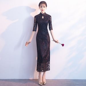 Sıradan elbiseler siyah kadın yaz uzun elbise dantel Cheongsam moda lady zarif ince qipao seksi dantel parti elbiseleri vestido giyim s 3xl 221126