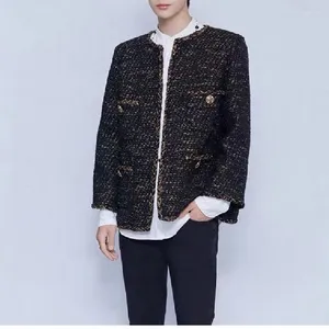 Women's Jackets 2022 Design Brand Tweed Gold Wire Woven Fabric Herringbone Pattern Binding Round Neck Coat Women Winter Jacket