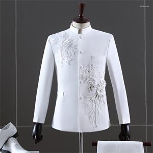 Herrenanzüge, chinesischer Tunika-Anzug, Herren-Blazer, Jugend, dreidimensionale Blumenjacken, Stehkragen, Bankett, Leistung, Hochzeitskleid, Weiß