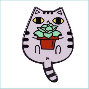 Pins Brooches Hard Enamel Brooch Pin Cute Gray Tabby Cat Succent Plant Metal Badges Lapel Pins Brooches Jackets Jeans Fashi Dhgarden Dh4Pc