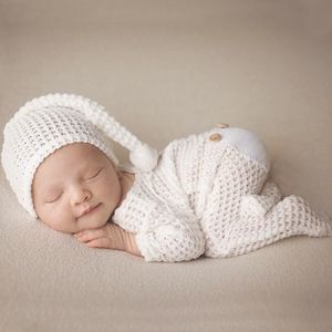 16048 Newborn Infant Baby Set Onesies Knitted Overalls Rompers with Long Tail Hat Clothes Sets Photography Clothing Props