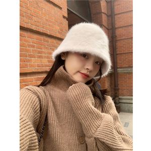 Wide Brim Hats Bucket Fashion Artificial Rabbit Fur Women Autumn Winter Warm Thickened Fisherman Panama Plush Basin Lady Cap 221125