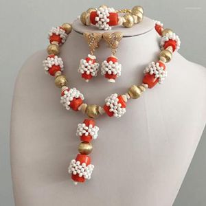 Necklace Earrings Set 4UJewelry African Women Style Orange Original Coral White Beaded Party Jewelry Simple Nigerian Wedding Bridal 2022