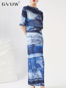 Vestidos casuais gvuw feminino imprimindo vestido de meia manga plissada azul long long slim alta cintura redonda de ver￣o feminino roupas vintage 17c173 221126