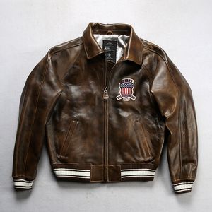 Brown Coffee USA Size Men's Bomber Jackets AVIREX LAPEL Sheepskin Leather Casual Athletic Coat