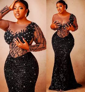 2022 Plus Size Arabic Aso Ebi Black Mermaid Sequined Prom Dresses Lace Beaded Crystals Evening Formal Party Second Reception Gowns Dress wly935