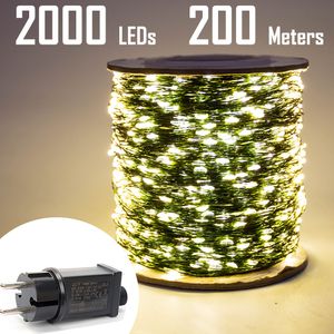 クリスマスデコレーション200m 100m 50m緑のワイヤー屋外LEDストリングライトホリデーウォータープルーフフェアリーガーランドのためのクリスマスツリーウェディングパーティーの装飾221125