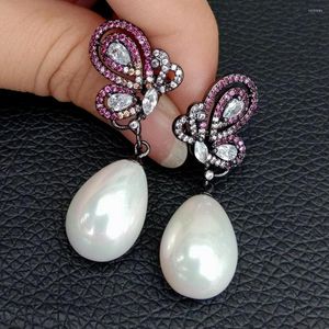 Stud Earrings Teardrop White Sea Shell Pearl Cubic Zirconia Pave Gunmetal Color Plated Butterfly Earring Ethnic Style For Women Jewelry on Sale