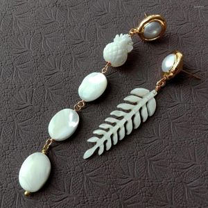 Stud Earrings Y.YING Natural White Shell Carved Leaf Pineapple Asymmetric Dangle Hook