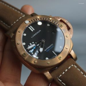 Armbanduhren Bronzeuhr Möwenbewegung Tauchgang Vollautomatische mechanische Tischnachtlichtrotation Holvine-Lederarmband