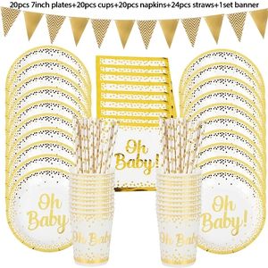 일회용 식기류 85pcs Oh Baby Gold Dot 테이블웨어 세트 소년 소녀 샤워 호의 접시 컵 젠더 공개 어린이 생일 파티 장식 221128