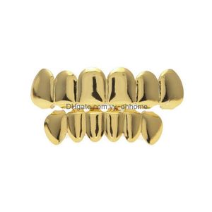 Grillz Dental Grills Smooth Gold Sier Rose placcato Denti Grillz 6 Top Bottom Finto denti dentali Bretelle Griglie Uomo Lady Hip Hop Rapper Dhf5B