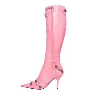 Boots 2022 New Women Women Full zip up Pu Leather High Heel Fashion Buckle Slim Tassel Black Long Kne