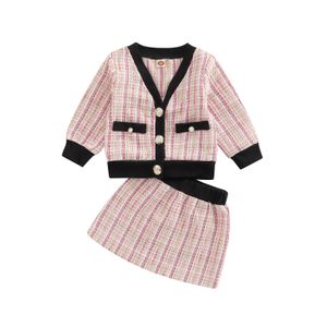 Roupas conjuntos infantis roupas de ver￣o de beb￪ elegante mangas longas de mangas compridas Button Up Cardigan Tops e saia casual 2pcs Conjunto 6m4t 221125