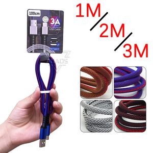 1M 3ft 2M 6ft 3M 10ft Micro USB-laddare Telefonkablar Synkronisering Data vävd flätad sladdtyp-C laddningskabel för Android Samsung med hängande kortpaket