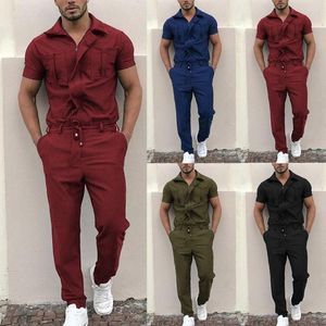Men's Pants 2022 Men's Fashion Short Sleeve Pocket Zip Jumpsuit Overalls