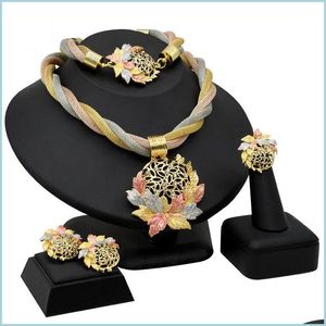 Bracelet Earrings Necklace African Dubai Gold Color Leaves Crystal Necklace Earrings Ring Bracelet Jewelry Sets For Women Dhgarden Dh2Kp on Sale
