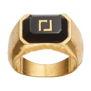 Fashion Luxury Band Black Gemstone Rings Men Lady Brass Gravado Hollow Out F Carta 18K Gold Wide Ring Women Women Jewelry Gifts FRN --02