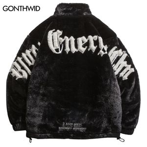 Men's Down Parkas Hip Hop Winter Faux Fur Fleece Jacket Streetwear Mens Embroidery Letter Thicken Warm Padded Fluffy Plush Coats 221124