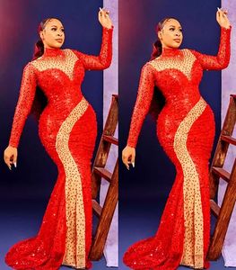 2022 Plus Size Arabic Aso ebi Red Luxurious Sparkly Promドレス