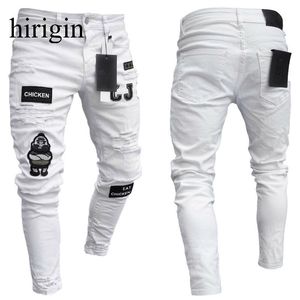 Jeans masculinos Men Men, elástico rasgado de moto skinny bordando impressão destruída Hole, graves de jeans de alta qualidade, com grau de alta qualidade.
