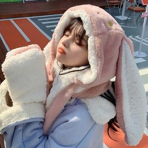 BeanieSkull Caps 3 in1 Gloves scarf Rabbit Hat long Ears Cute Cartoon Kawaii Funny Birthday Gift Bunny Plush Cap Winter For Adult Girlfriend 221125