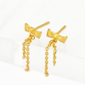 Stud Earrings Real Solid 24k Yellow Gold Woman Lucky Bowknot Tassels Dangle 1.2-1.5g
