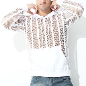 Męskie t-shirty męskie podkoszulki odzież gejowska siatkowana koszula przepuszczalność Sheer długie rękawy topy z kapturem seksowna przezroczysta koszulka