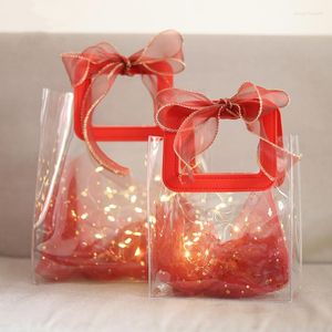 Gift Wrap Transparent Plastic Handbag Packageing Red Handle Flowers Bouquet Wrapping Bag Birthday Holiday Shopping Pocket Storage