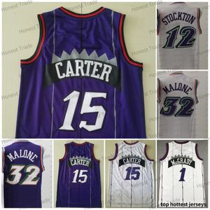 Maglia da basket Retro Vince 15 Carter 1 McGrady 32 Malone 12 John Purple White Maglia da basket da uomo maglia cucita